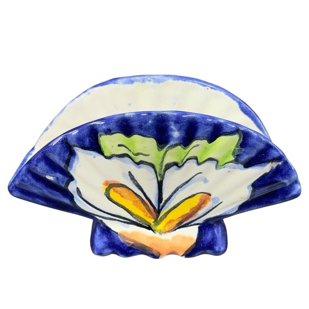 Mexico Hand Made Talavera Pottery Napkin Holder Flower Pattern‎ Hand Painted VTG